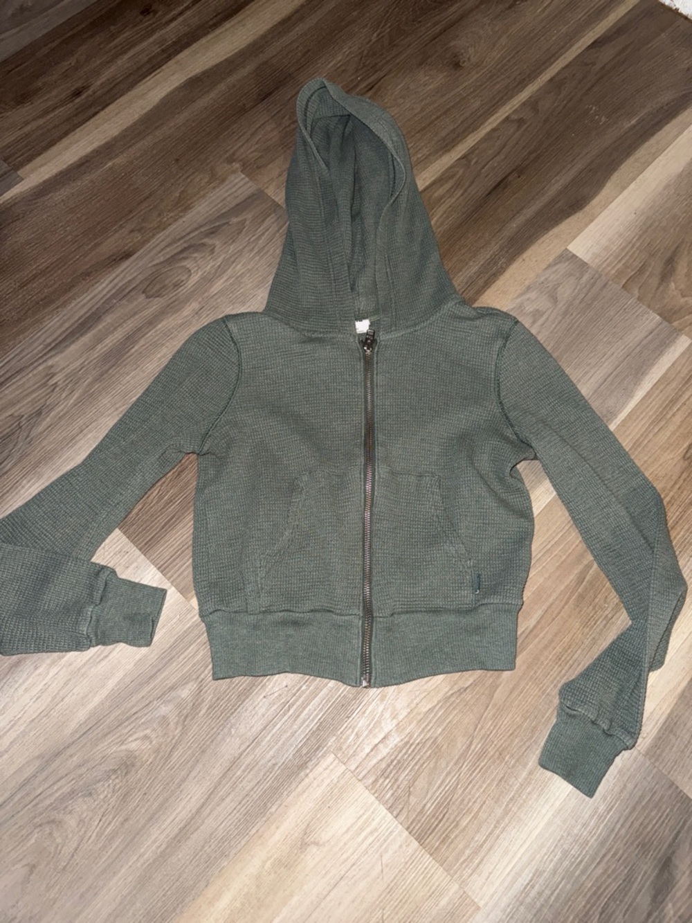 TNA Sage Green Waffle Knit Crop Zip Hoodie